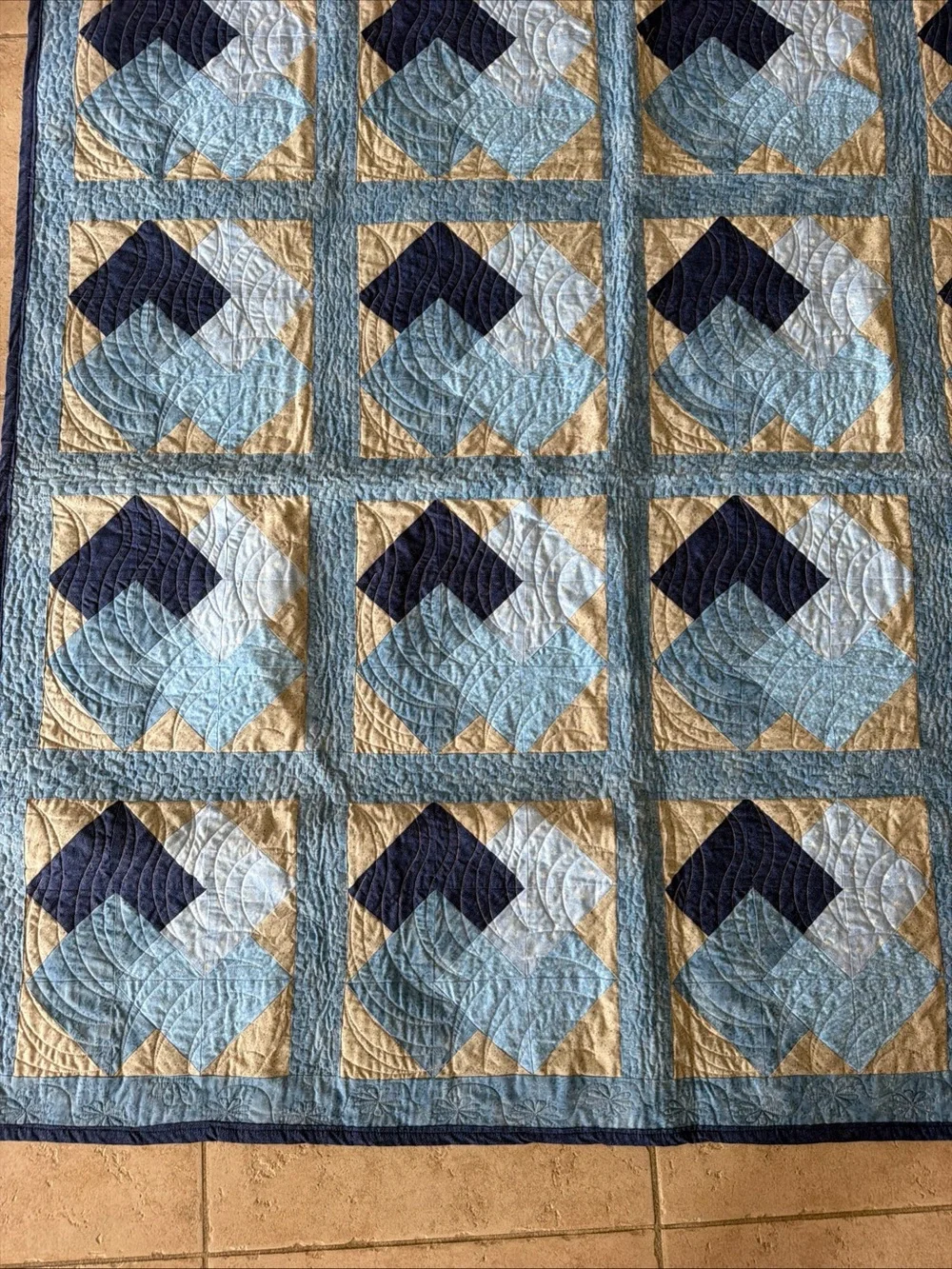 Eileen Nudd vintage handmade quilt 55 x 55 Custom, long arm card trick blue sand